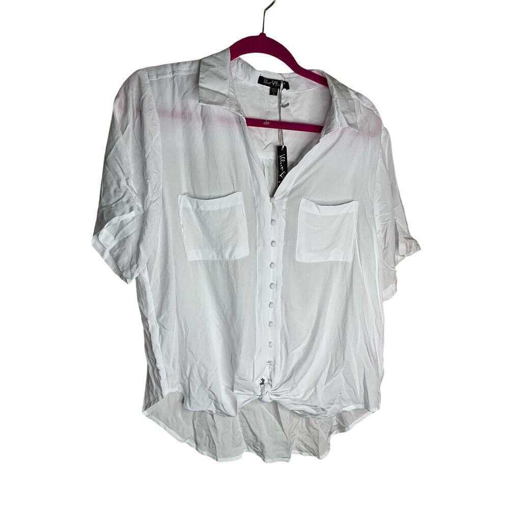 Red Velvet Shirt Button Up Short Sleeves Tie Front Casual White Womens Large NWT